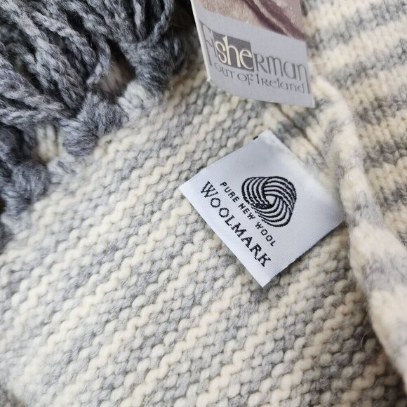 Fisherman out of Ireland Striped Scarf Donegal Cream Knit Fringe Pure New Wool - Picture 9 of 12